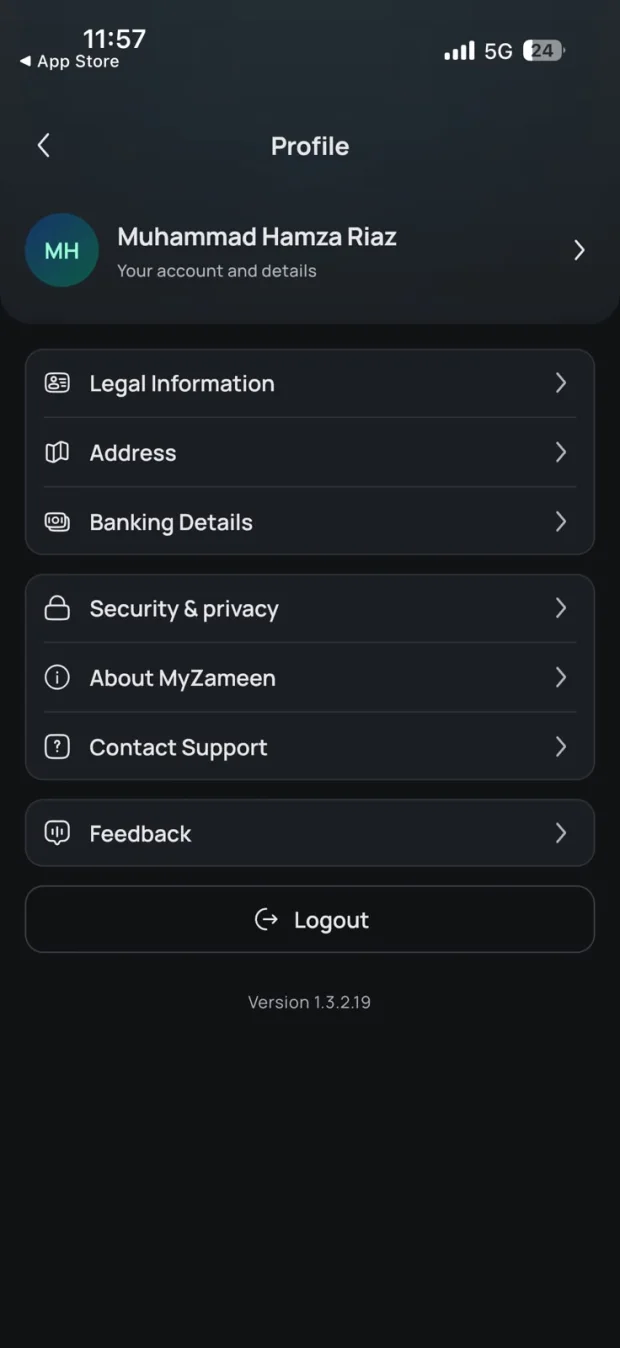 MyZameen — Profile screen