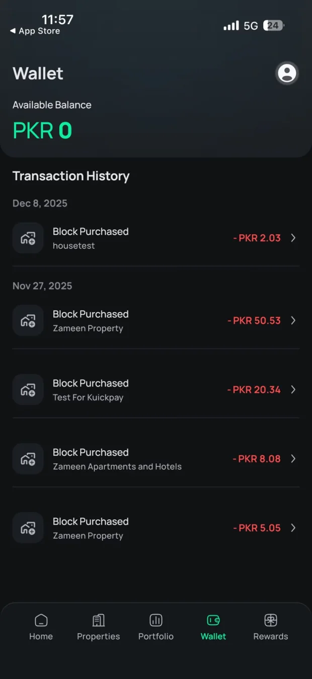 MyZameen — Wallet screen