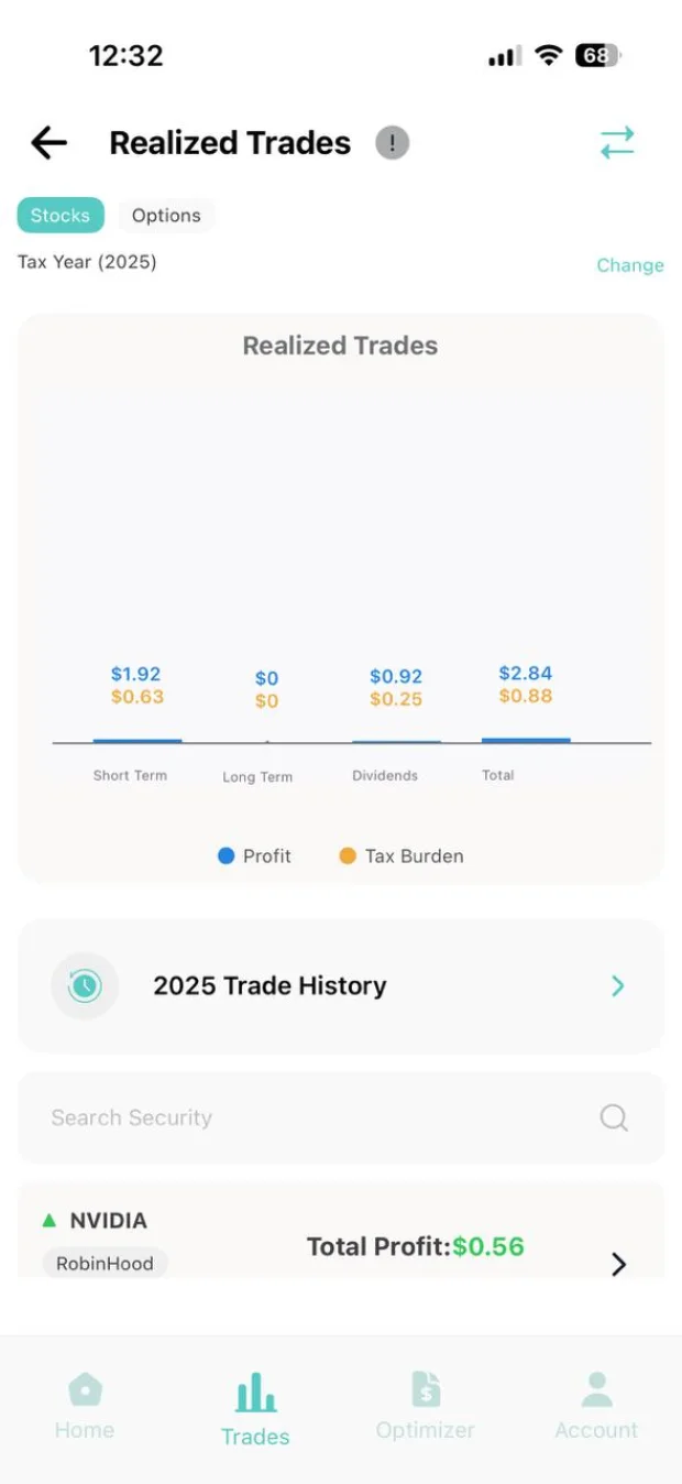 OllieTax — Realised trades screen