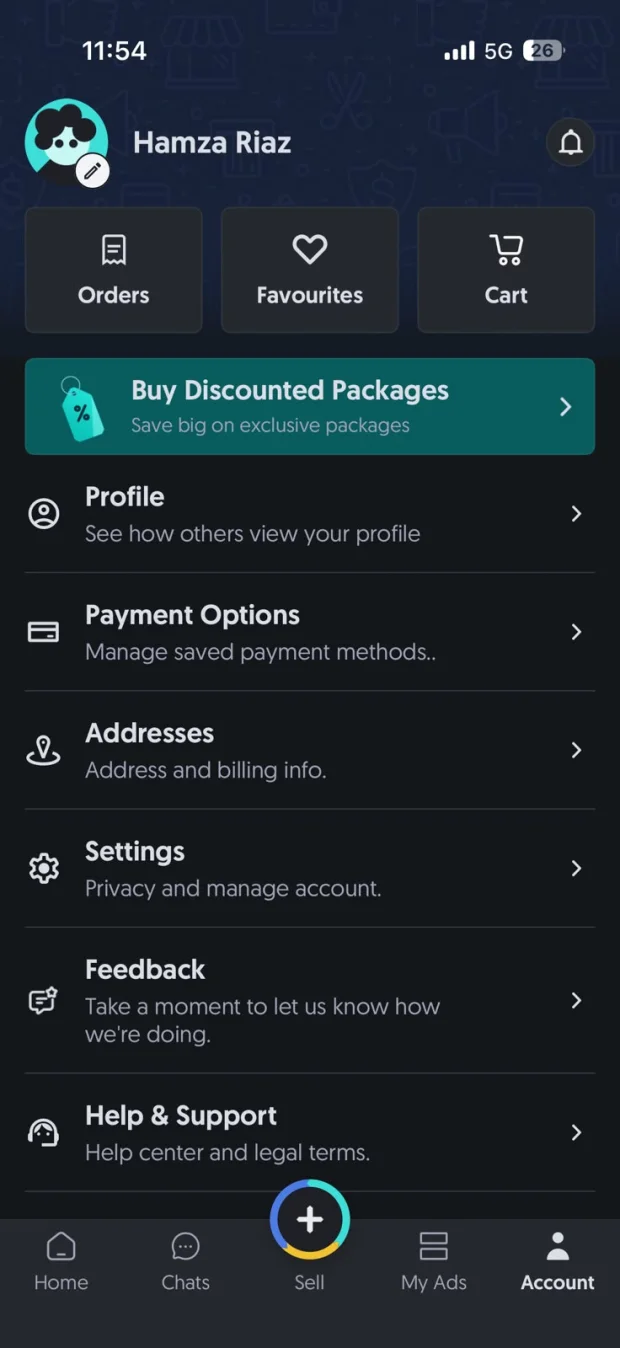 OLX Pakistan — Account screen